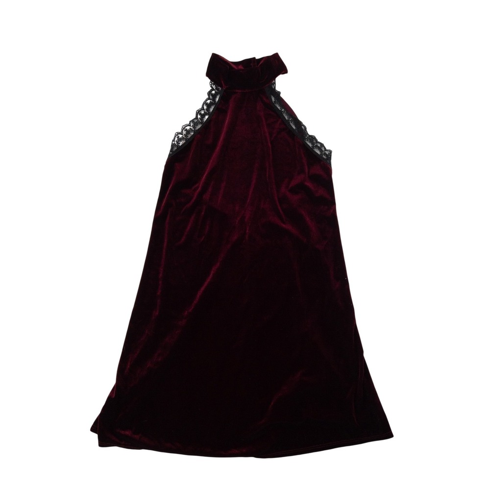 Solemio Los Angeles Burgundy Velvet Lace Trim Halter Mock Neck Mini Dress Medium